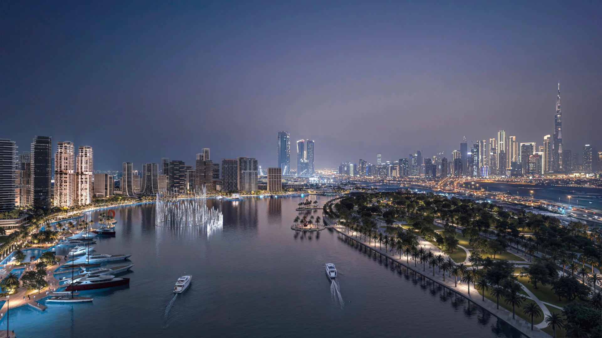 Artistry One Residences D3 master plan at night featuring Dubai Canal, waterfront promenade, and city skyline