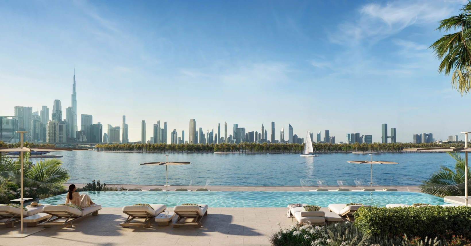 Resort-style swimming pool at Artistry One Residences with waterfront views in Dubai Design District