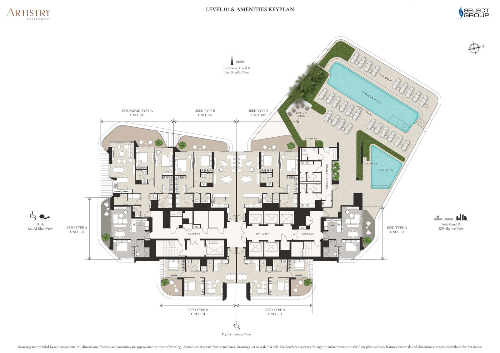 Podium level floor plan of Artistry One Residences by Select Group showing landscaped areas and amenities