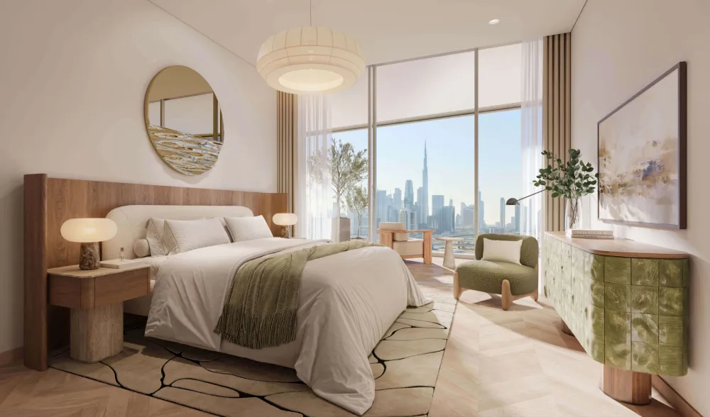 Modern bedroom interior at Artistry One Residences by Select Group with floor-to-ceiling windows and city views