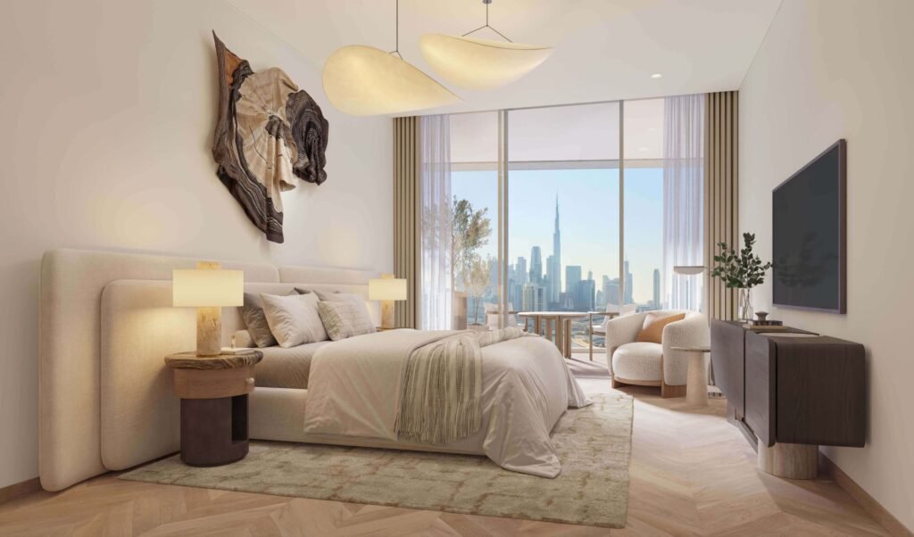 Elegant bedroom interior at Artistry One Residences by Select Group with floor-to-ceiling windows and skyline views