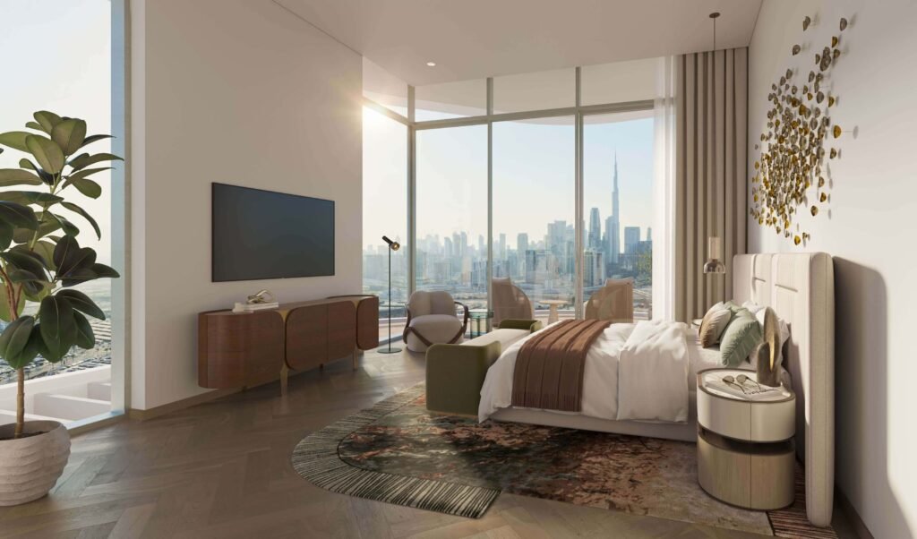 Modern living room interior at Artistry One Residences by Select Group with floor-to-ceiling windows and skyline views
